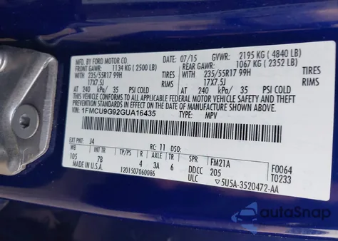 2016 Ford Escape Se from USA, damaged, VIN 1FMCU9G92GUA16435